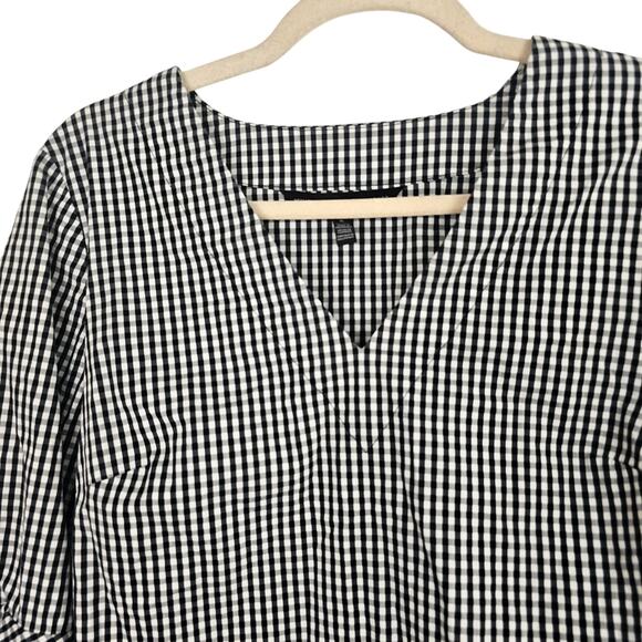 White House Black Market Blouse Gingham Blouse Bell Sleeve Blouse 6 Black White - Picture 2 of 8
